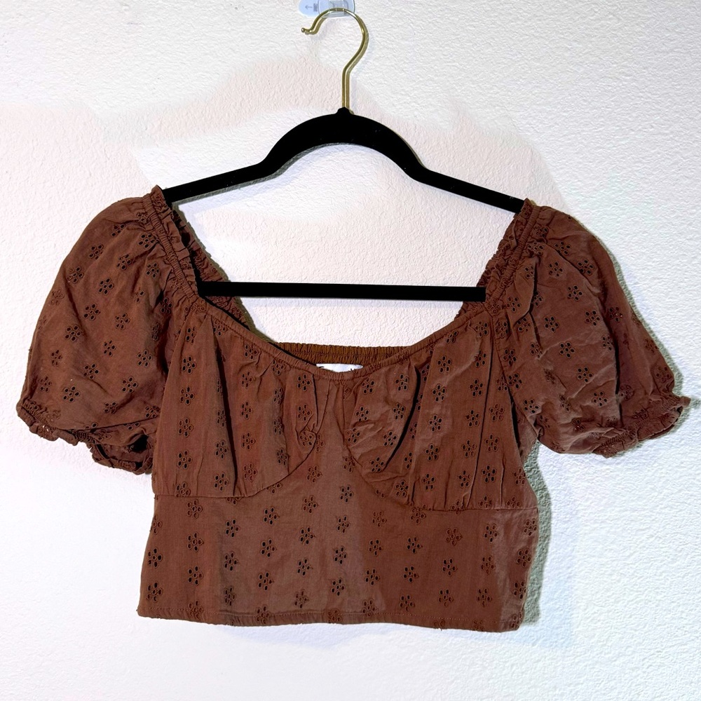 Hollister Eyelet Puff Sleeve Crop Top Brown